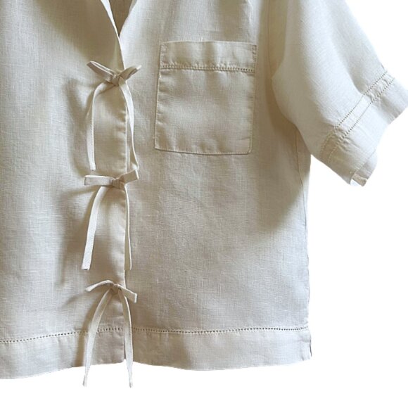 Trovata Birds of Paradis Linen Bow Tie Front Shirt Ivory XS Luxury Resort Blouse - Picture 5 of 11